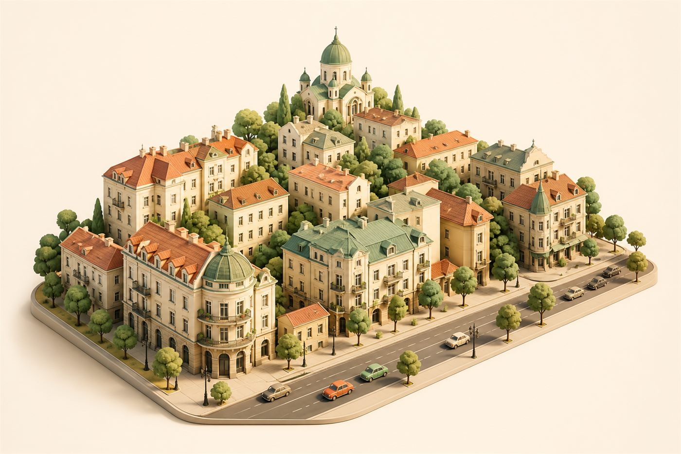 Illustration: city with a boulevard, buildings and trees